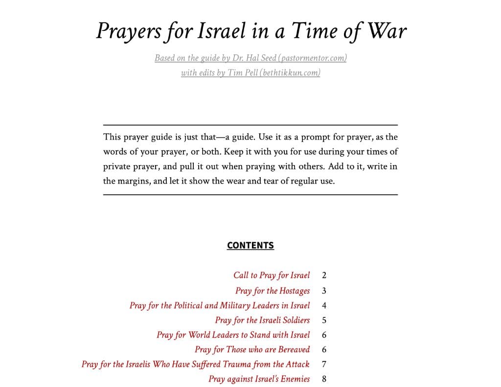Prayer guide titled "Prayers for Israel in War."