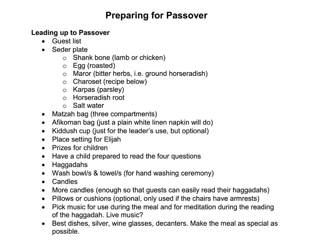 Preparation checklist for Passover Seder meal.