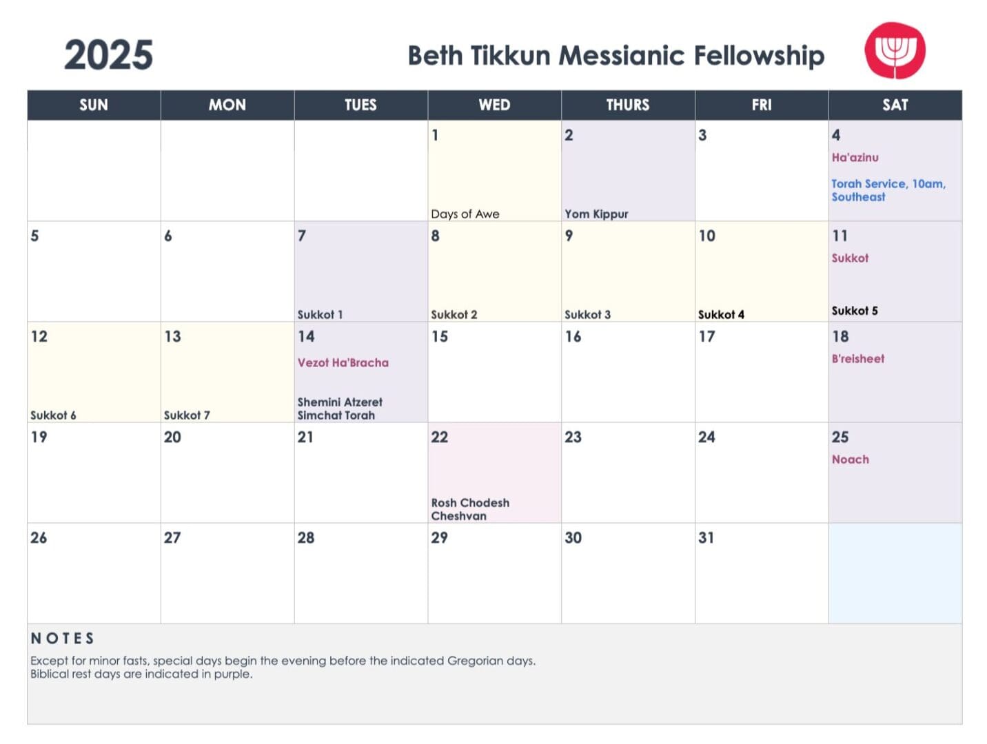 Monthly calendar for Beth Tikvah Masonic Fellowship events in October 2023.